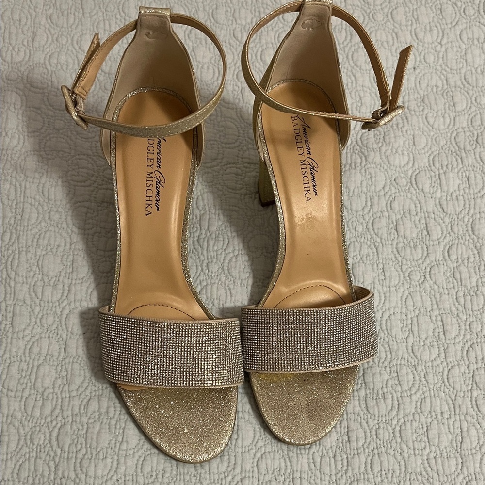 Badgley Mischka Gold Glitter Block-Heel Ankle-Strap Sandals